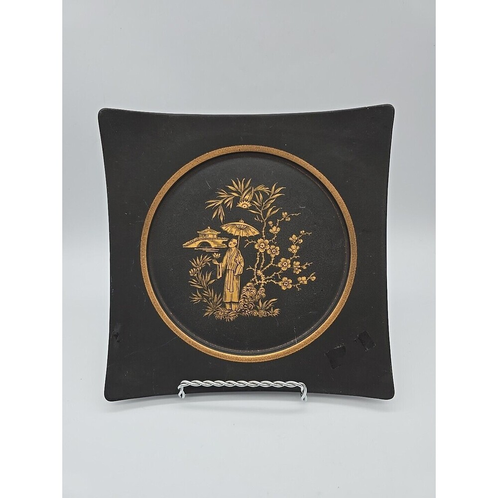 Hyalyn Pottery Plate Japanese Geisha Cherry Blossom 631 Wall Plate Black & Gold